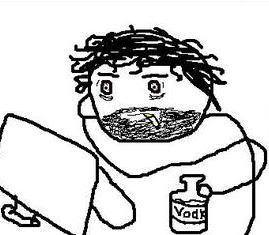 Drawing of an unshaved guy smoking and drinking vodka at a computer.
